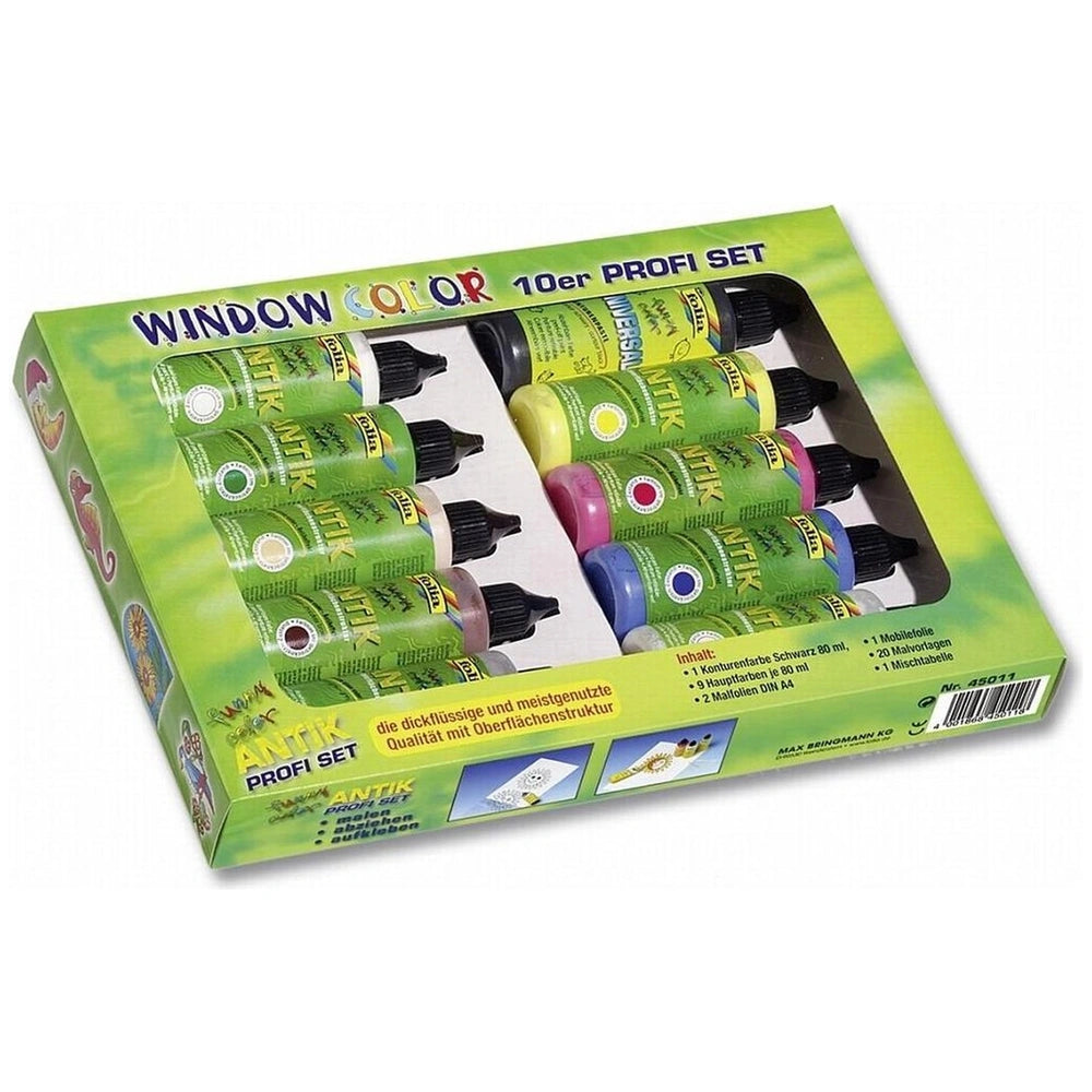 Folia Hobby Set Antik Window Color 10 Pieces Kit in green packaging with 10 glossy bottles arranged in two rows, labeled in G