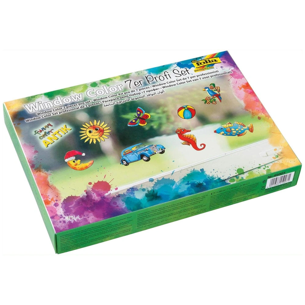 Folia Hobby Set Antik Window Color kit in vibrant green packaging features colorful illustrations and a clear plastic window.