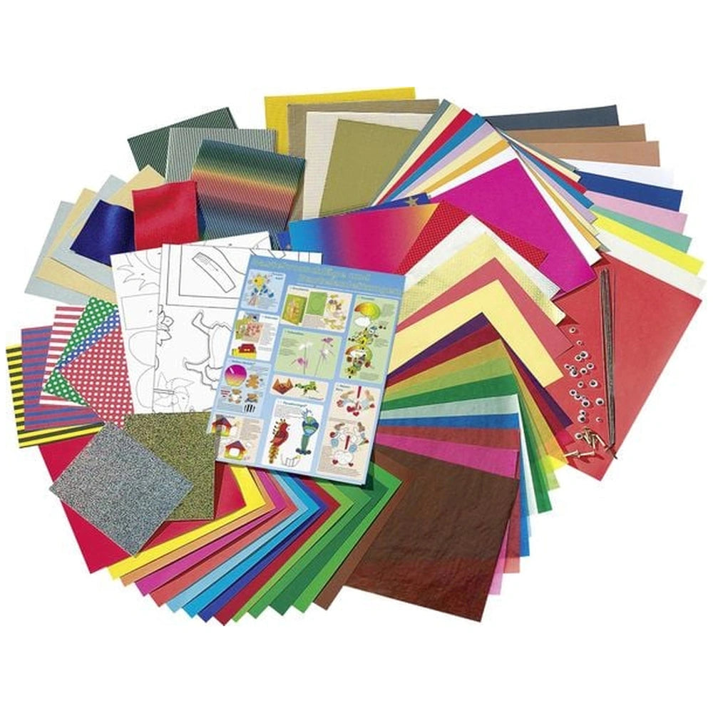 Folia Jumbo Bastelbox contains 107 pieces of multi-colored papers and cardboards with a booklet for arts and crafts projects.