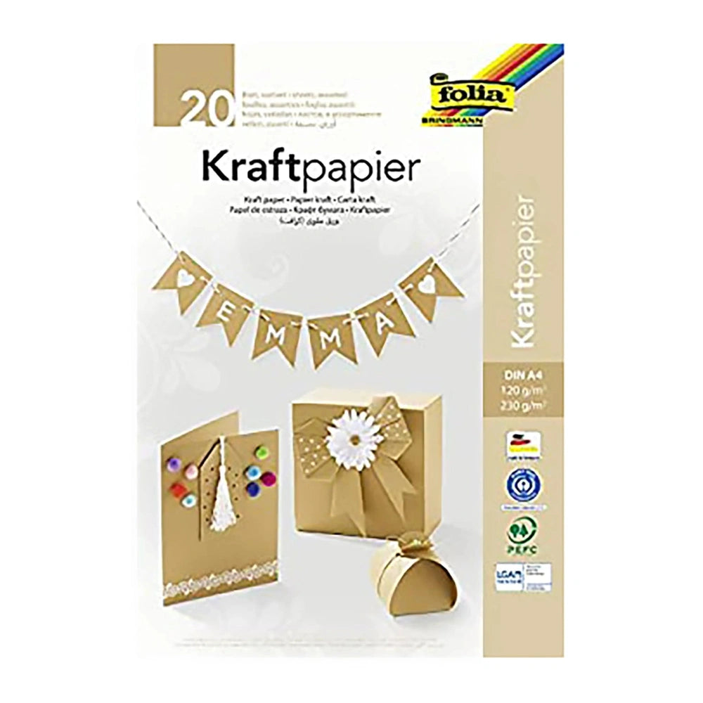 Folia Kraftpapier A4 sheets in a gold cardboard box with a decorative white ribbon and printed designs.