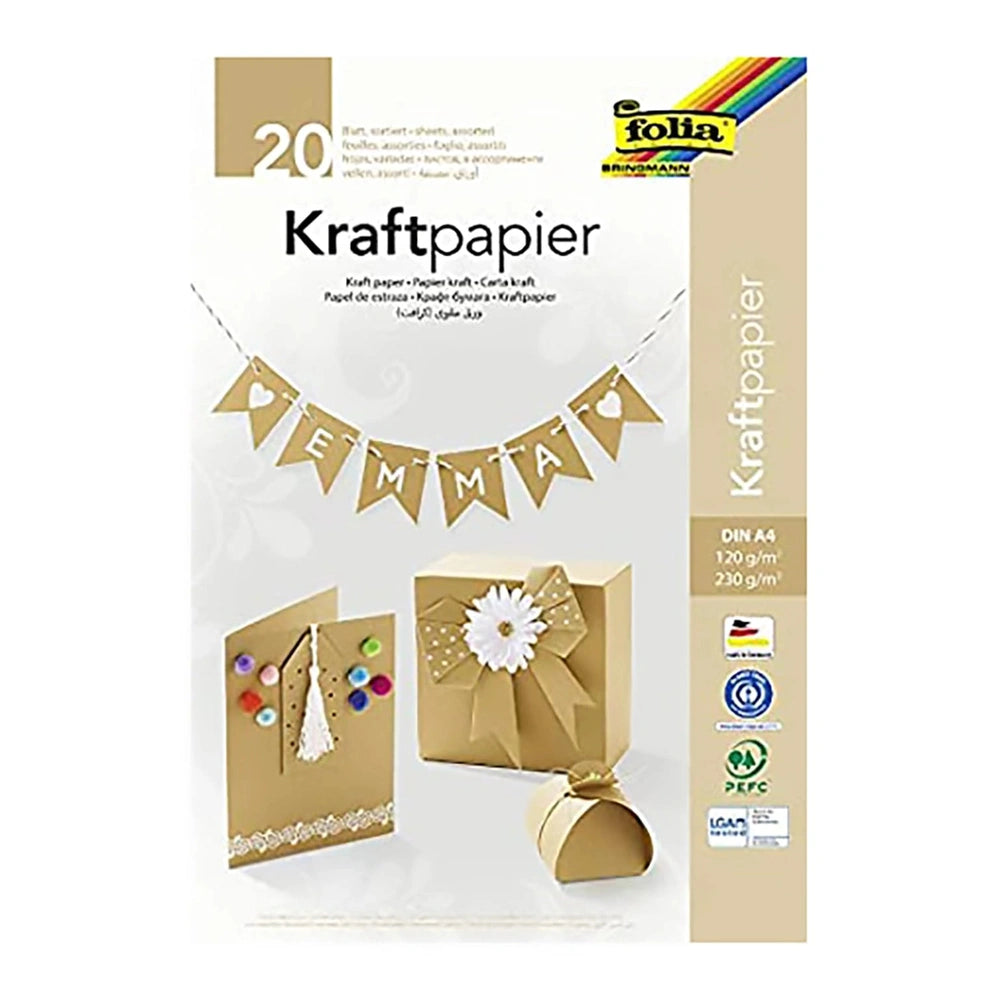 Folia Kraftpapier A4 pack of 20 natural color sheets in brown cardboard with gold foil text and clear plastic window.