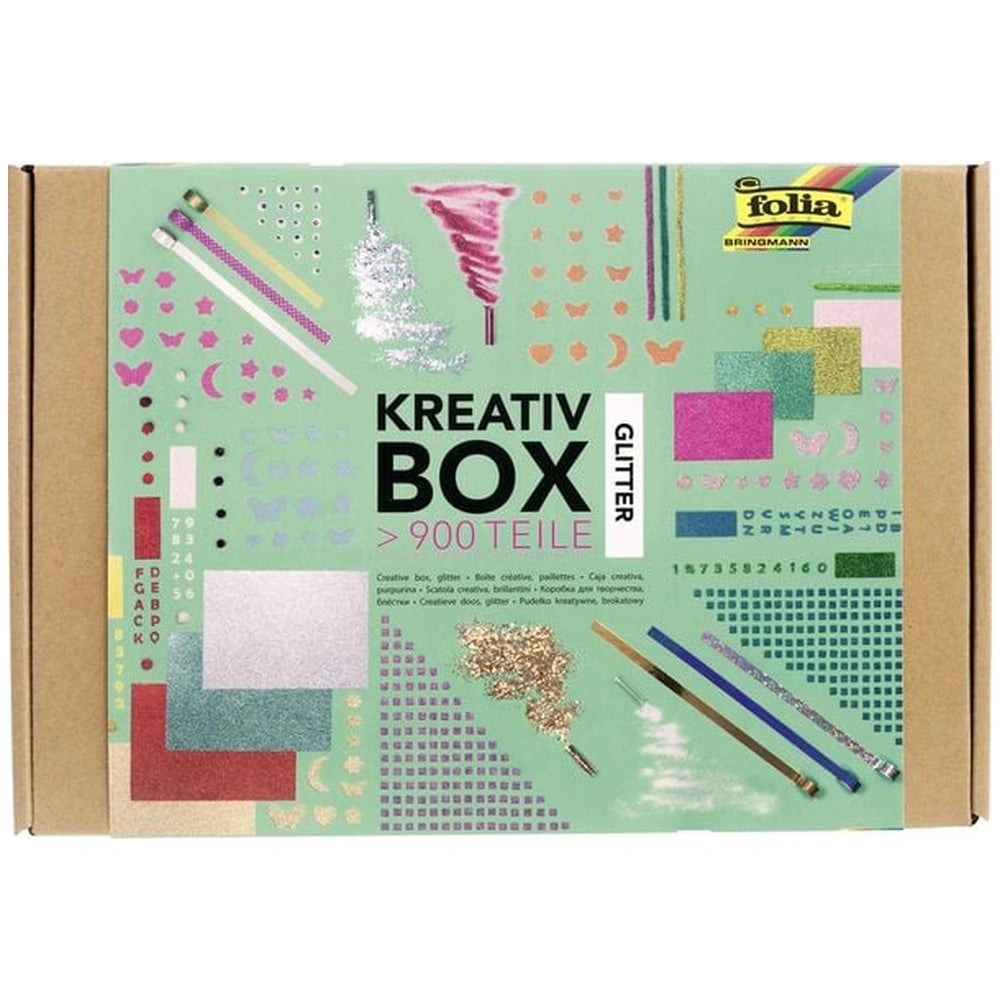 Folia Kreativ Box Glitter with 900 multi-colored craft pieces, featuring glossy and textured surfaces, and metallic foil elem