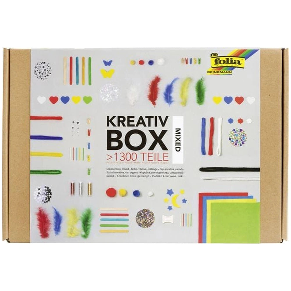 Folia Kreativ Box with 1300 colorful arts and crafts materials in a cardboard box featuring a plastic window and various shap