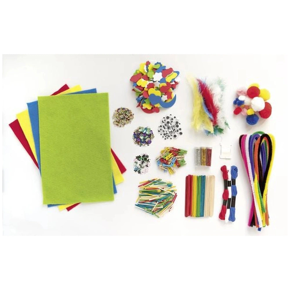 Folia Kreativ Box features 1300 multi-colored arts and crafts materials, including various papers and fabrics on a light surf