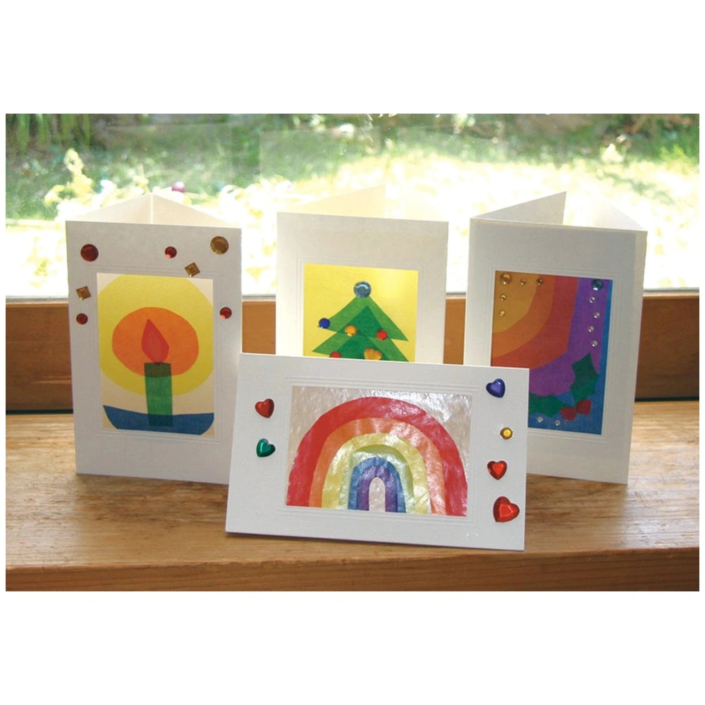 Folia Transparentpapier Block features 10 multi-colored sheets, including designs with hearts, rainbows, and nature elements.