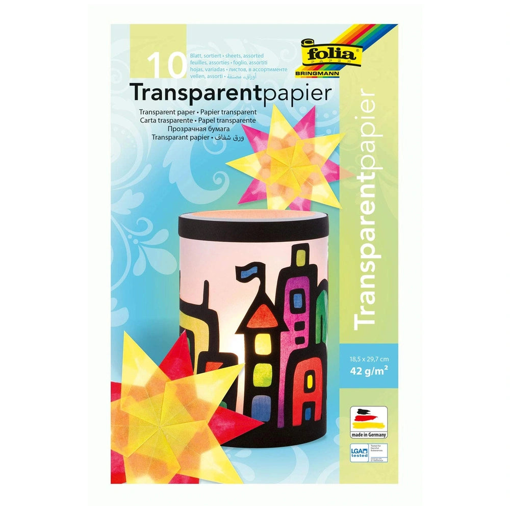 Folia transparent paper block with 10 multi-colored sheets, glossy packaging featuring a star graphic on a pastel background.