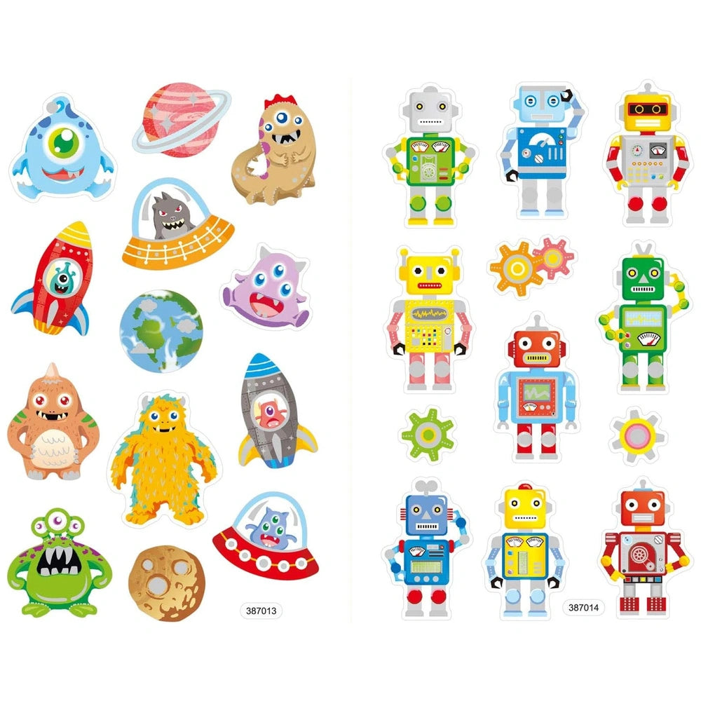 Folia - Univers 25 3D Soft Stickers Pack with 12 glossy characters including aliens and robots, arranged in a colorful grid.