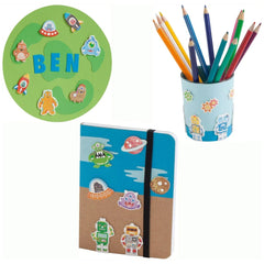 Folia Univers 25 3D Soft Stickers Pack with colorful stickers on a textured book cover and a blue metallic pencil holder.