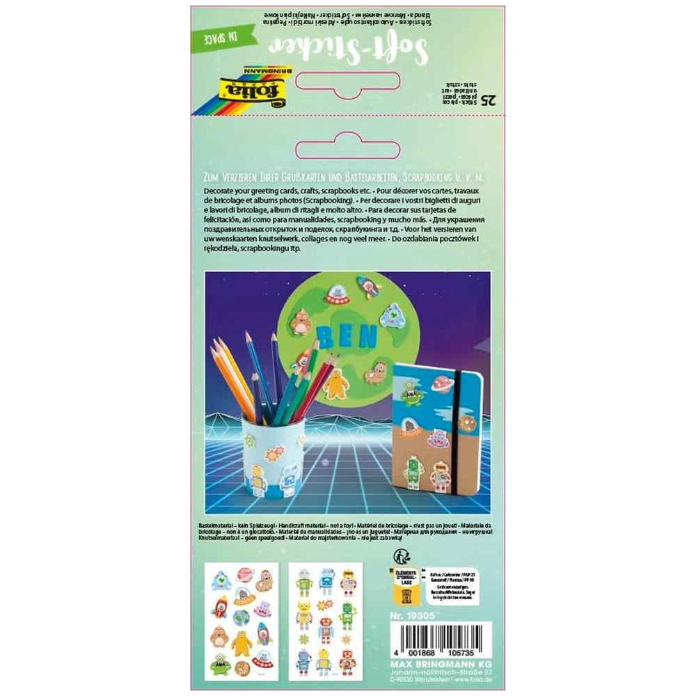 Folia Univers 25 3D Soft Stickers Pack features a green glossy background, planet graphic, colorful pencils, and a small book