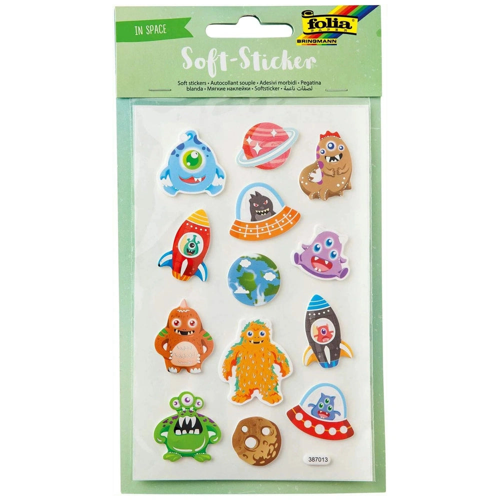 Folia Univers 25 3D Soft Stickers Pack features 12 colorful stickers displayed on a clear plastic sheet.