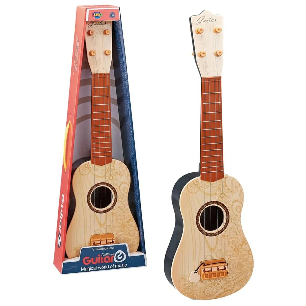 Ginmar children acoustic guitar with metal strings, featuring a brown body, black neck, and white strings in a glossy finish.