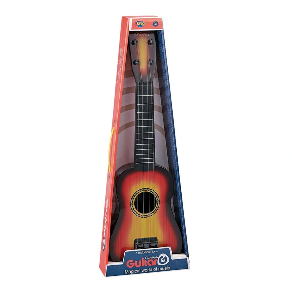 Ginmar children acoustic guitar with metal strings in orange and black displayed in glossy red cardboard packaging.