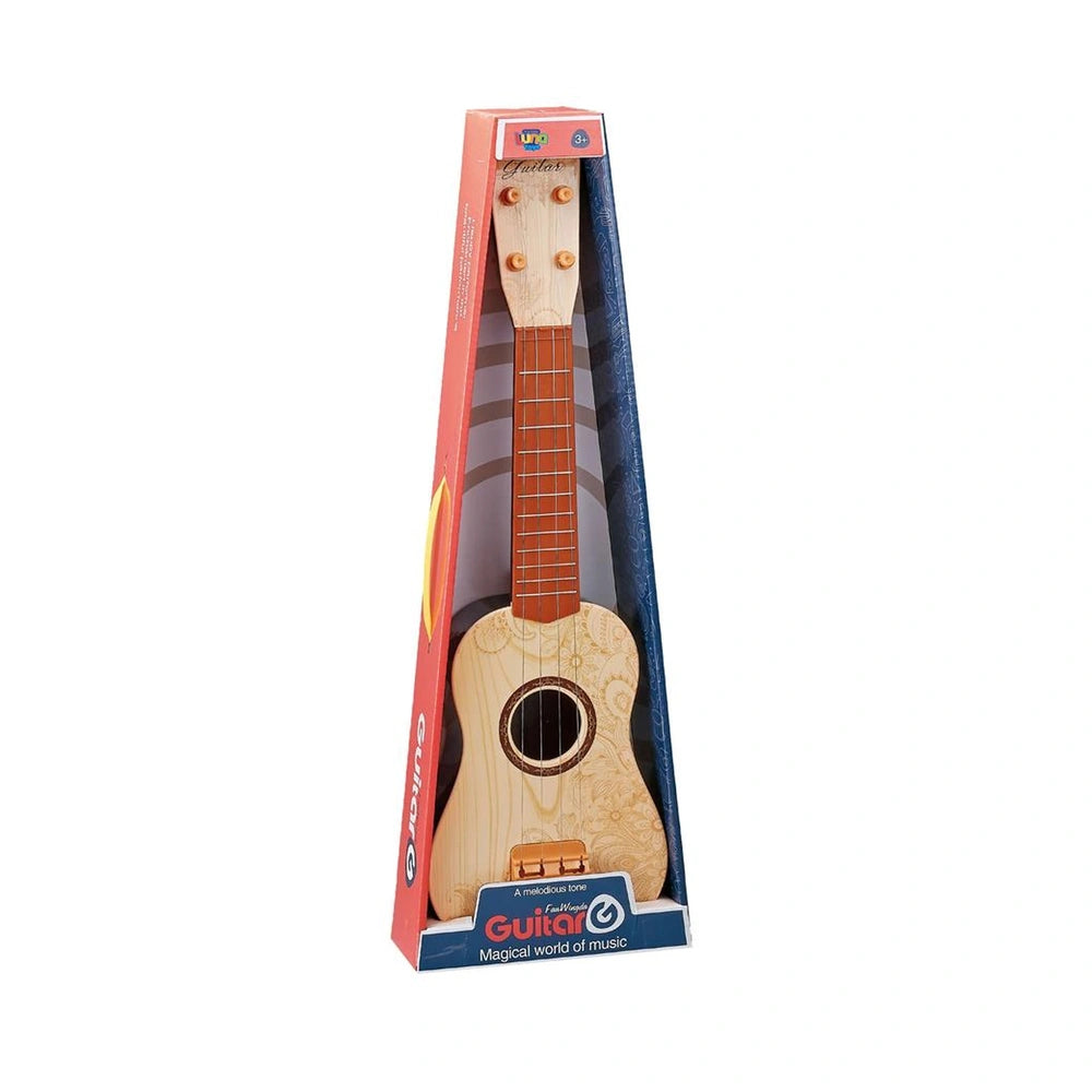 Ginmar children acoustic guitar with metal strings in red cardboard packaging featuring a clear plastic window, showcasing a 