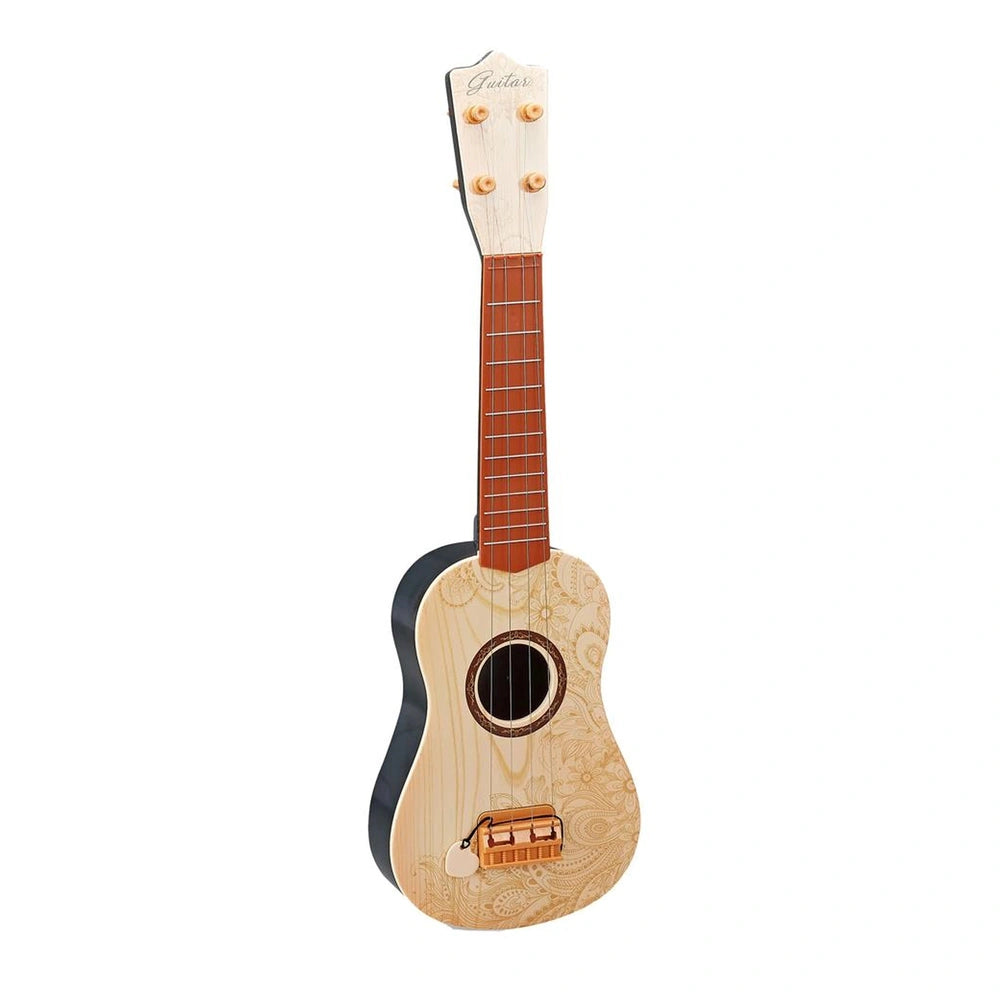 Ginmar children's acoustic guitar features a brown body, white neck, black bridge, and brown fretboard with metal strings.