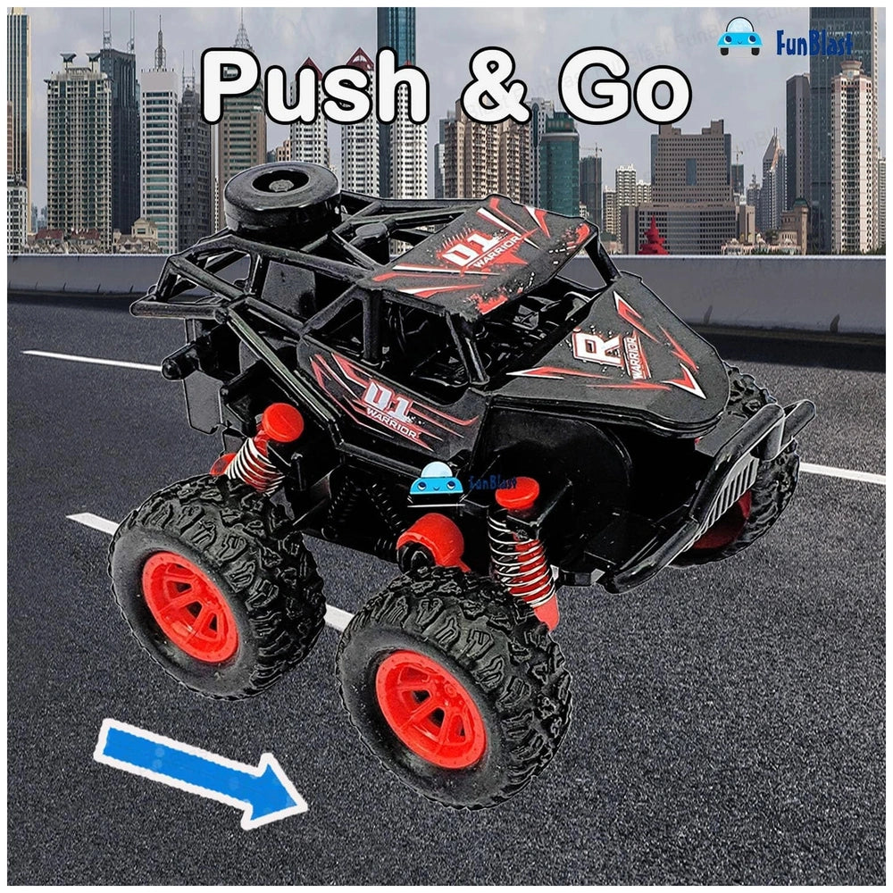 Dinosaur-themed Ginmar monster truck in black and red with textured body, "Push & Go" text, and blue arrow.