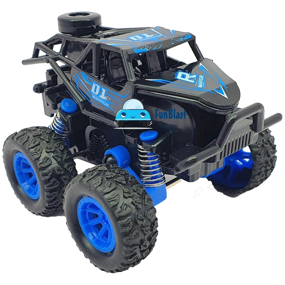 Dinosaur-themed monster truck in blue with glossy body, textured tires, and suspension features for pull-back action.