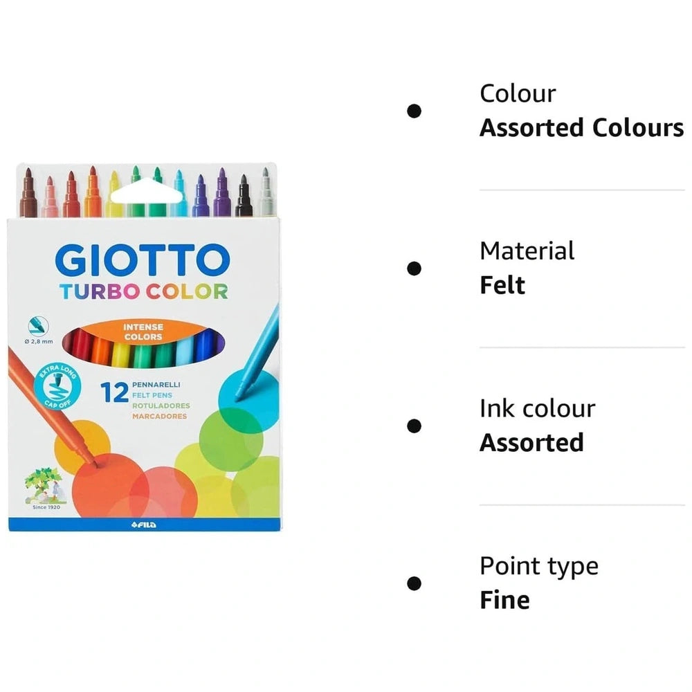 Giotto Turbo Colour Set of 12 markers in matte cardboard packaging with a transparent window and blue printed text on a white