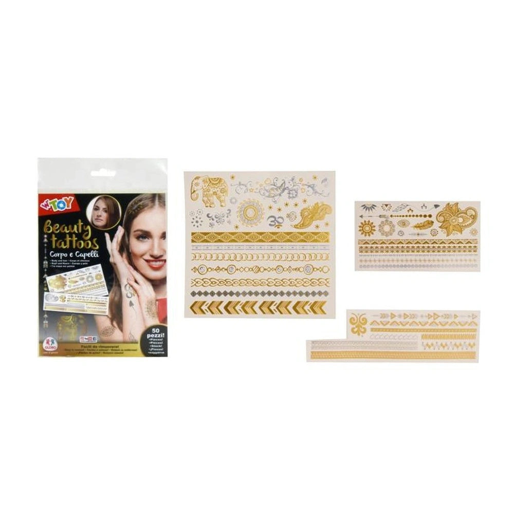 Globo Cool Tattoos Pack features a glossy white packaging displaying gold metallic tattoo stencils with various designs.