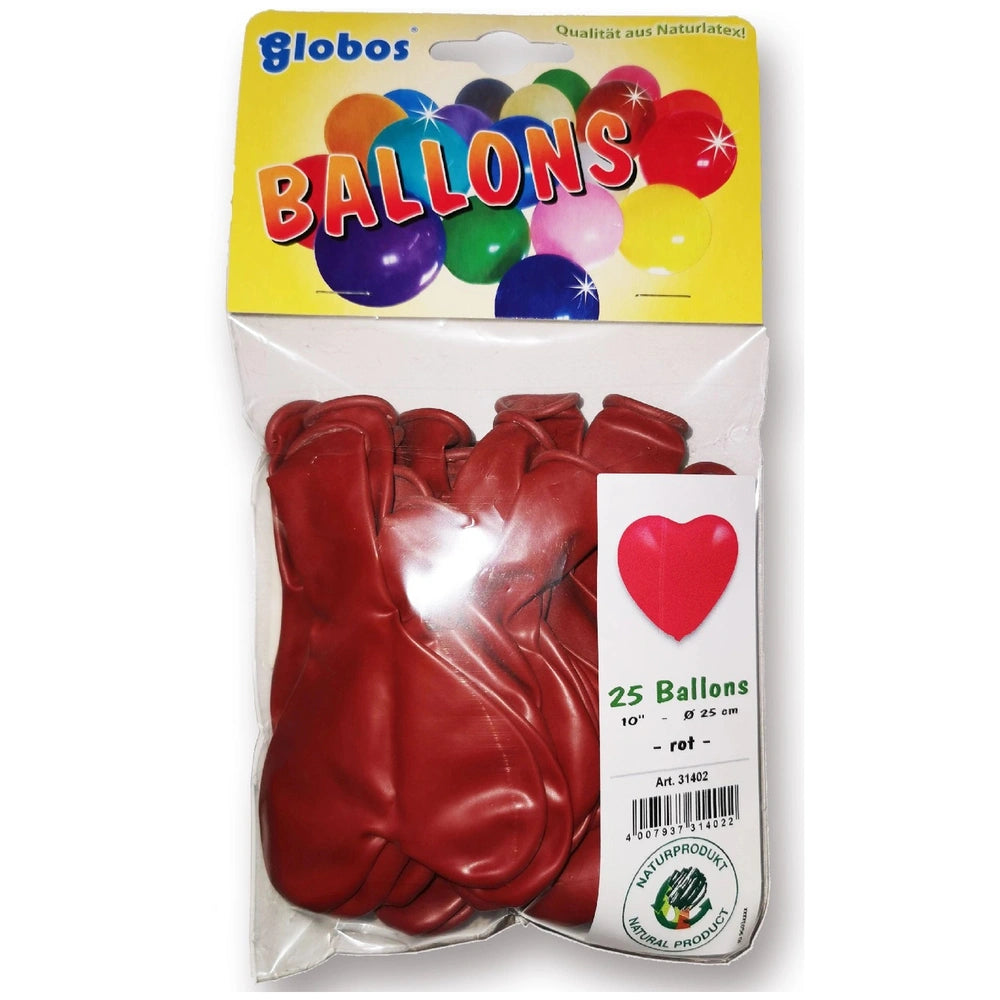 Red heart balloons in shiny material, inflated, packaged with "25 BALLONS" text and barcode, showcasing vibrant colors.