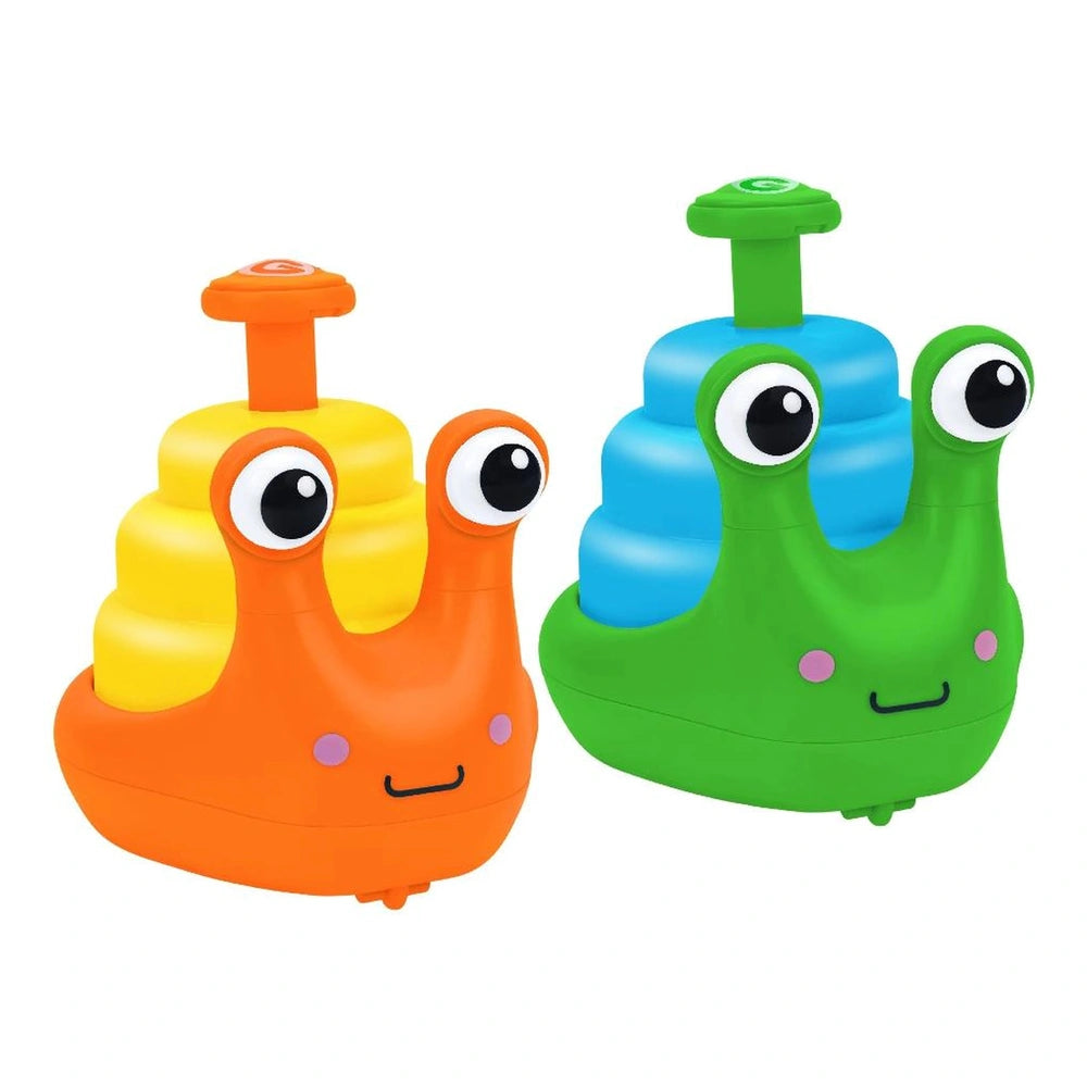 Globo Vitamina-G Little Snalt push-pull toy features orange body, yellow top, green cap, glossy eyes, and a yellow mouth.
