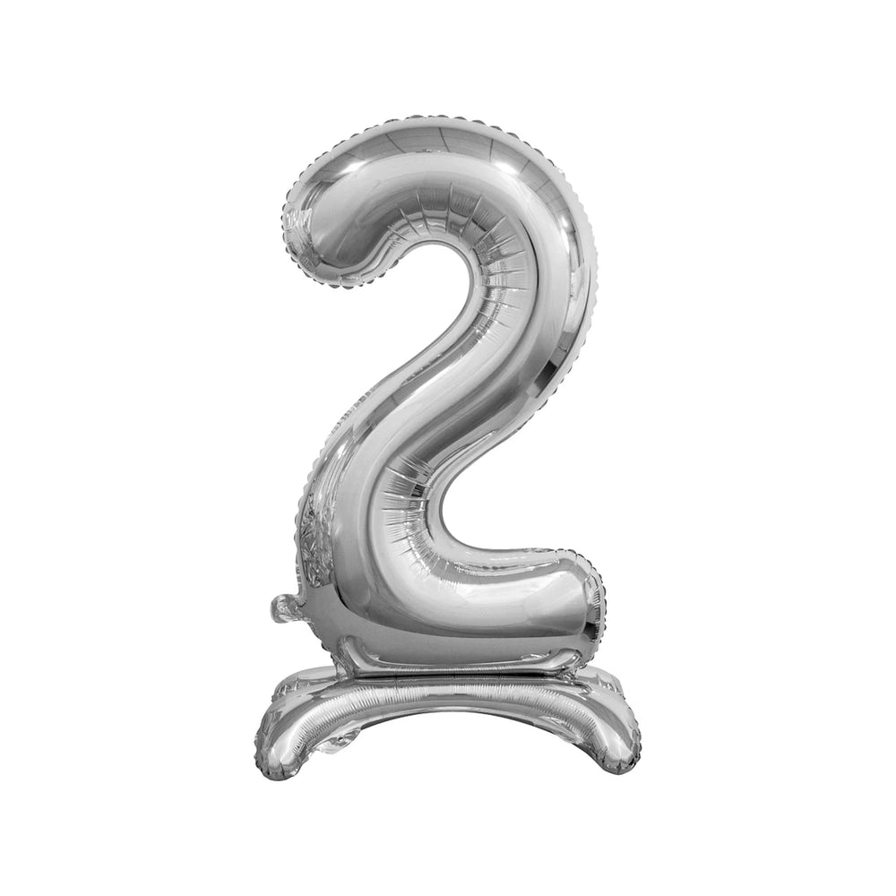 Silver foil balloon shaped like the number 2, featuring shiny metallic surface for party decorations.