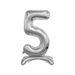Silver foil balloon shaped like the digit 5, centered, perfect for party decorations.