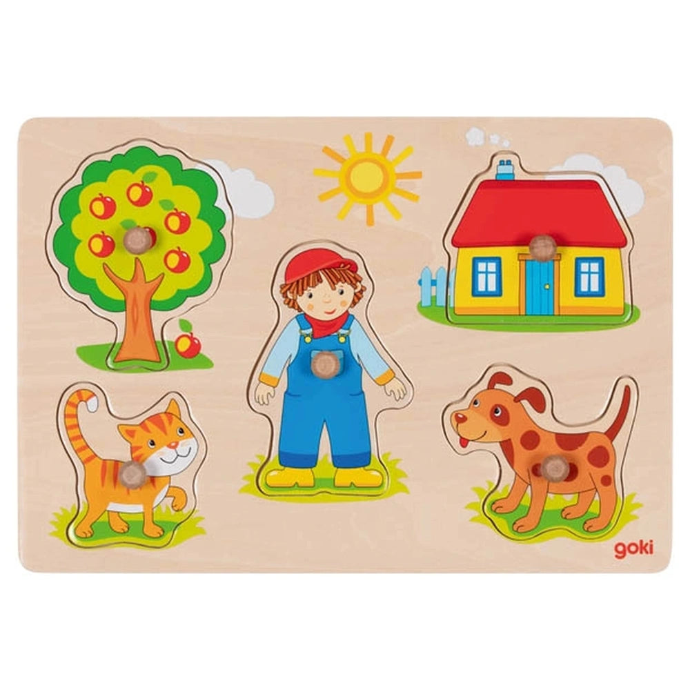 GOKI Cat Dog Lift-Out Puzzle packaging features vibrant illustrations of a tree, sun, house, dog, and cat on a smooth surface