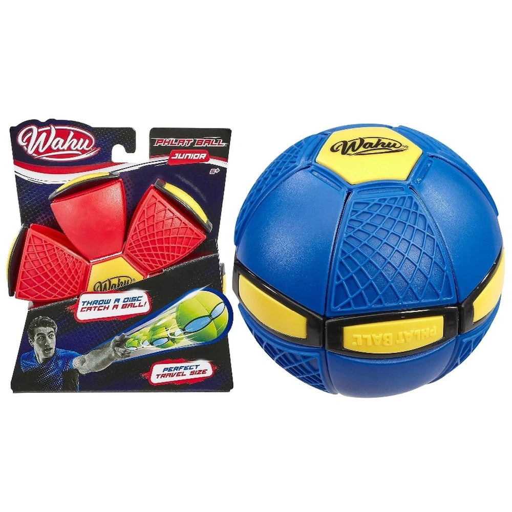 Goliath Wahu Phlat Ball Junior 10 cm in blue, displayed in glossy red and black packaging with transparent window and graphic