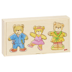 Gollness Bear Design Dress Up Box Puzzle features three colorful bears in varied outfits and accessories on a wooden base.