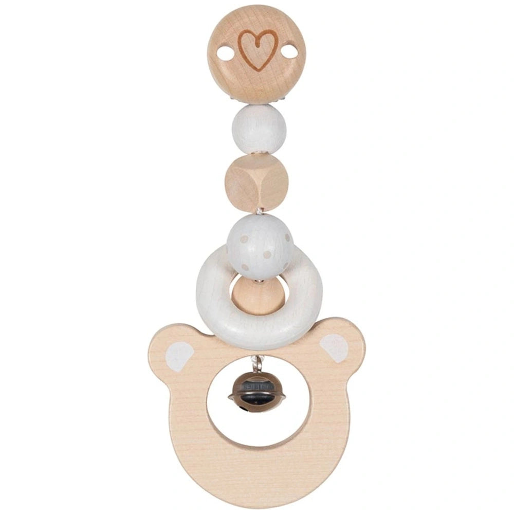 Gollness Clip Bear Head baby activity toy features a brown heart-shaped wooden element, white ceramic parts, and a silver met