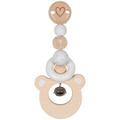 Gollness Clip Bear Head baby activity toy features a brown heart-shaped wooden element, white ceramic parts, and a silver met