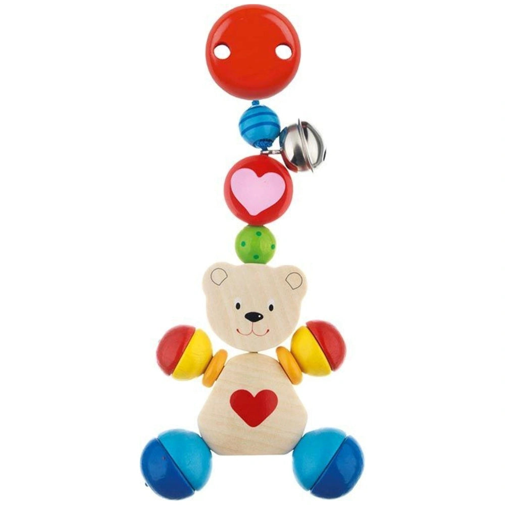 Gollness Clip Heart Bear features a wooden body with colorful plastic balls, buttons, and multiple plastic rings for engaging