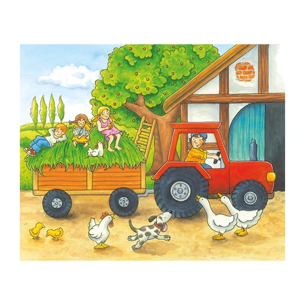 Gollness cube puzzle features a lifestyle scene with two children, a red truck, animals, and a vibrant farm backdrop.