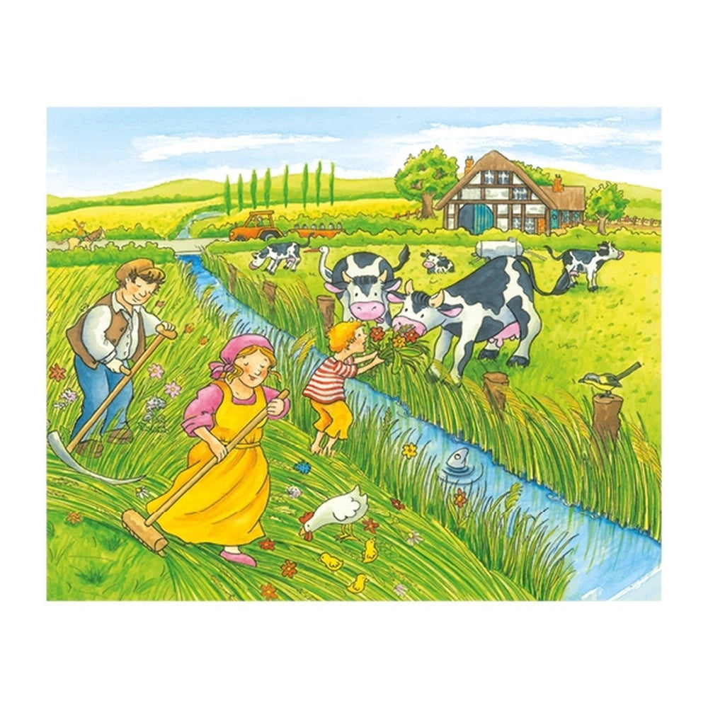 Gollness Cube Puzzle Seasons On The Farm features children in colorful outfits playing in a vibrant grassy landscape with ani