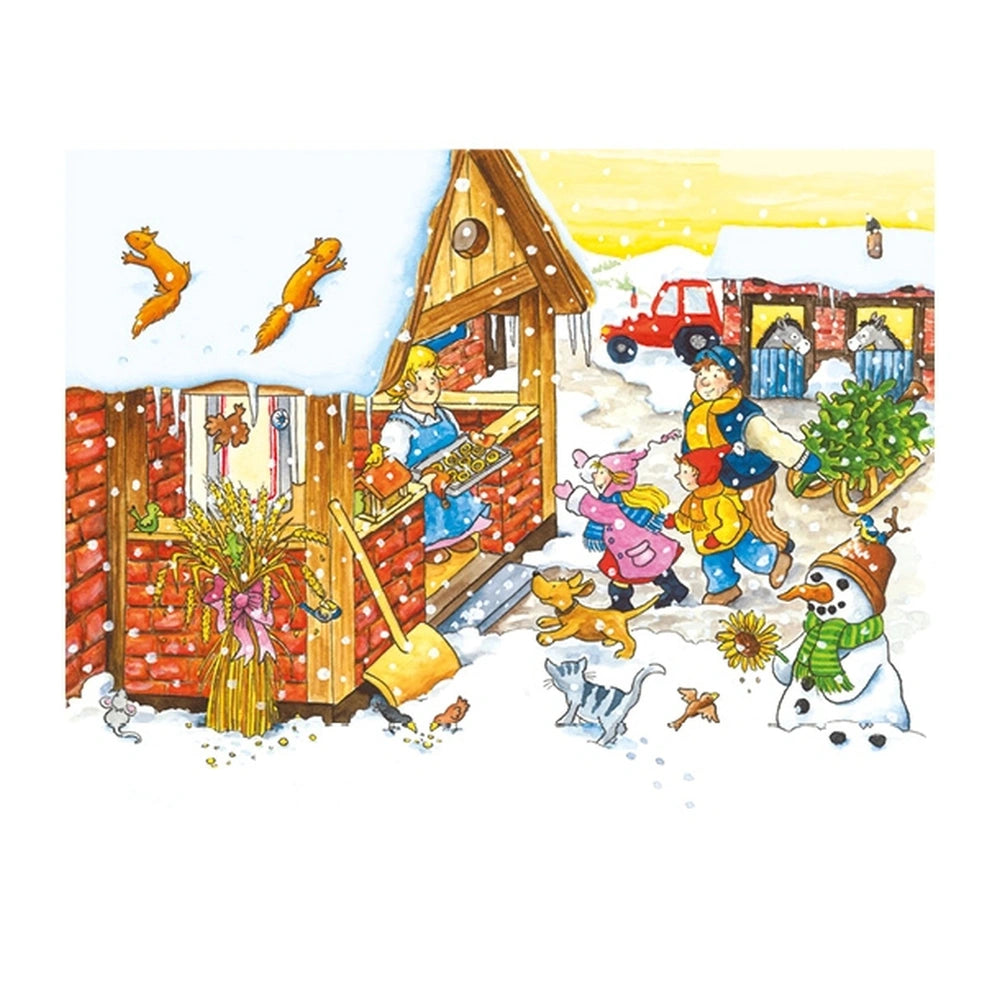 Gollness Cube Puzzle Seasons On The Farm features three people enjoying the snowy outdoor scene with farm elements.