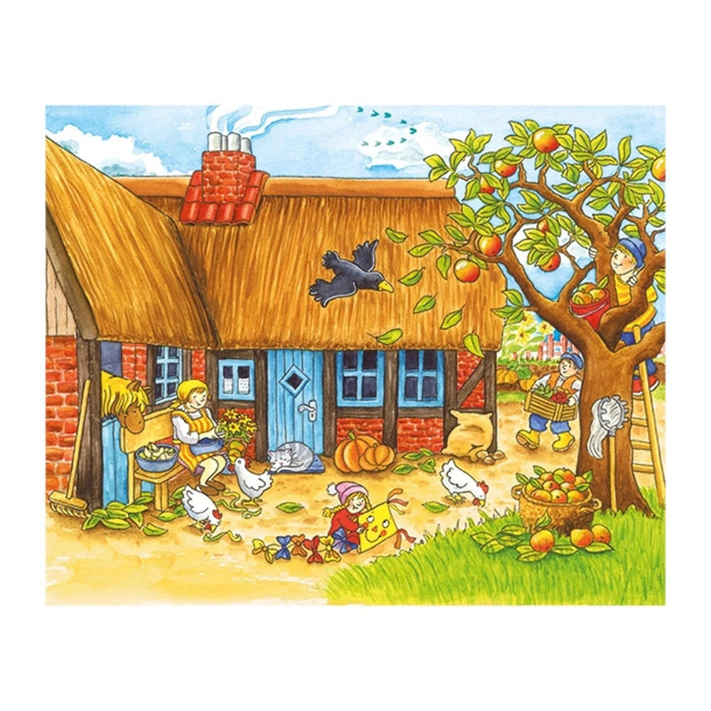 Gollness Cube Puzzle Seasons On The Farm features a person in a blue hat and red apron, holding fruit and a yellow bucket.