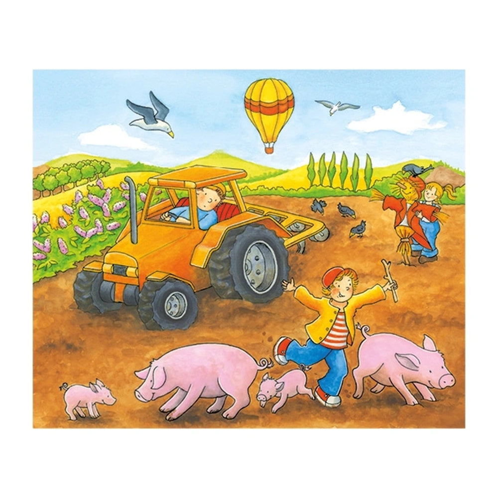 Gollness Cube Puzzle Seasons On The Farm features children in colorful clothing with a vibrant farm scene, including a tracto