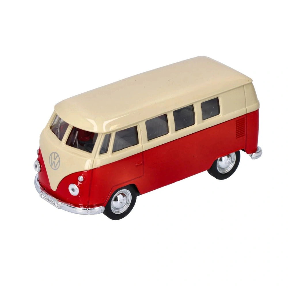 Die-cast Volkswagen Classic Om 1962 in red and beige with silver wheels and grill, featuring transparent windows.