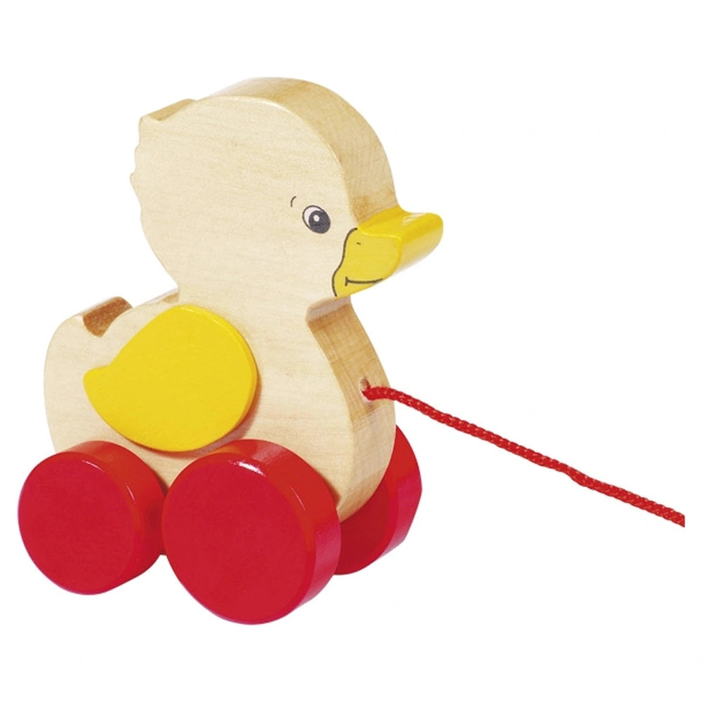 Duck pull-along toy made of wood with a yellow beak, red wheels, and a string attached to its neck.