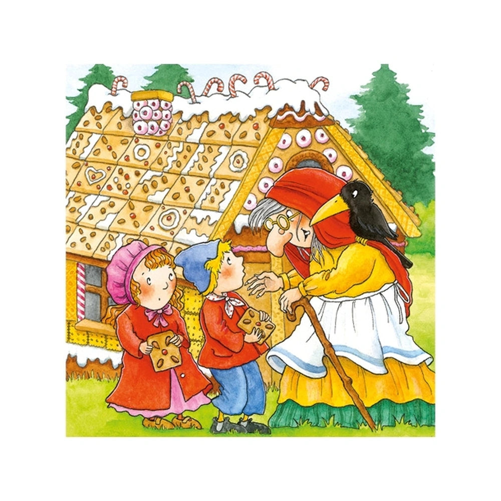 Gollness Fairy Tale Cube Puzzle featuring a wooden gingerbread house surrounded by numerous red and white striped stockings.