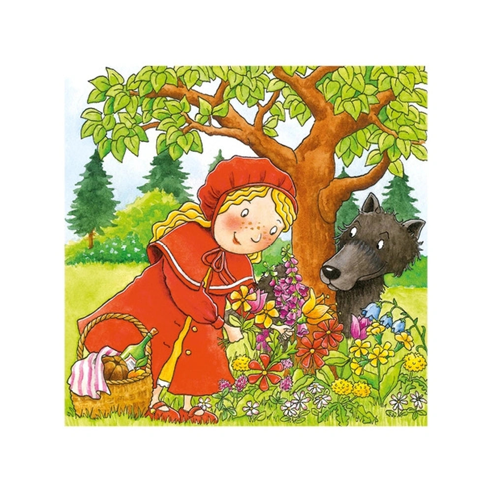 Gollness Fairy Tale Cube Puzzle featuring a girl in a red dress and hat, surrounded by colorful flowers and a black wolf.