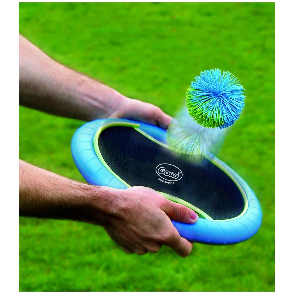 Gowi Active Hand Trampoline Game features a blue and green plastic frisbee with "GOLF" printed on it.