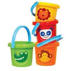 Gowi beach bucket set features four glossy plastic containers in green, orange, yellow, and red, each with a handle and face 