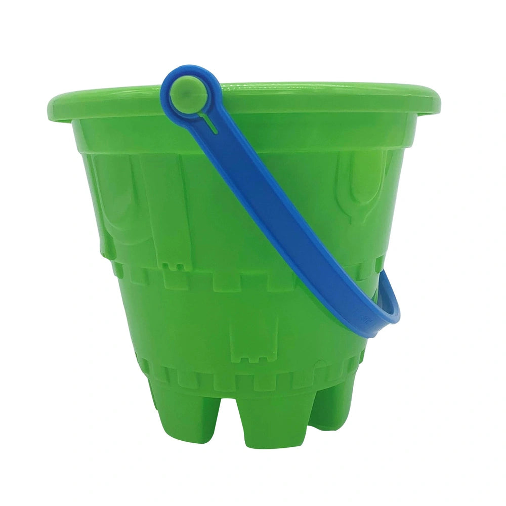 Gowi green castle bucket with a blue handle, glossy plastic, 17 cm diameter, features ridges and a lid.
