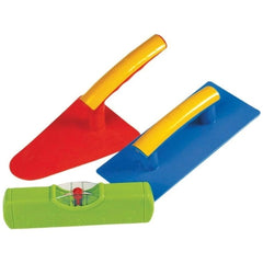 Gowi Design Bricklaying Set featuring red matte, yellow matte, and blue glossy plastic shovels arranged centrally.