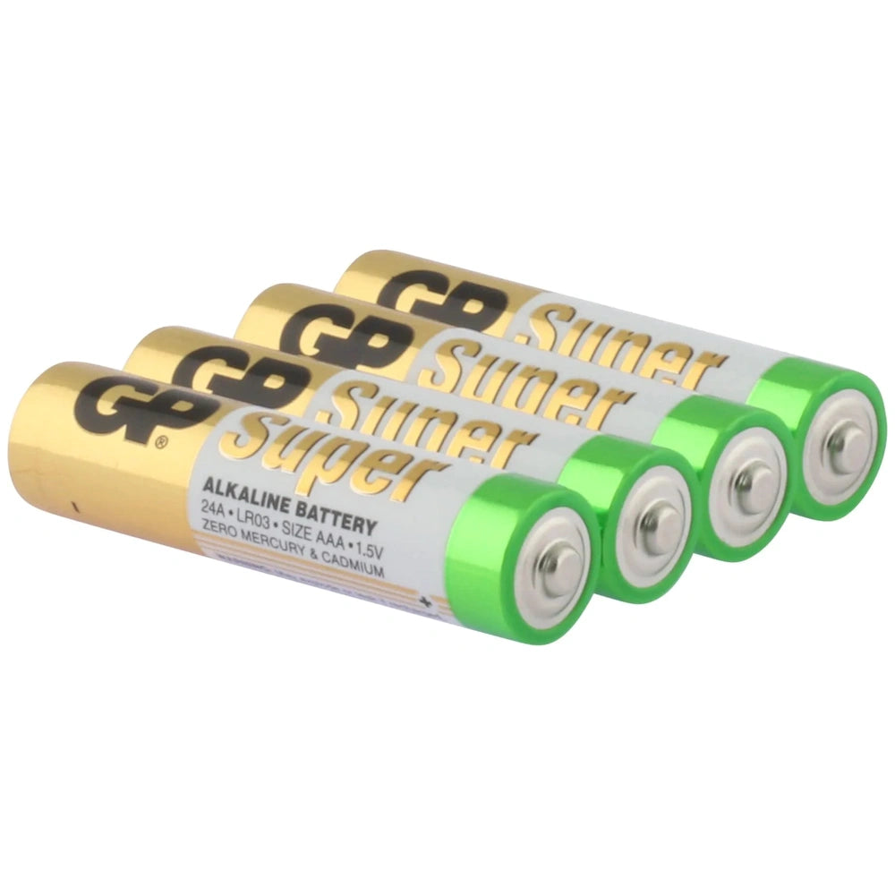Gp Super Alkaline G-Tech LR603AAA battery pack with six gold, green, and white batteries labeled for 1.5V use.