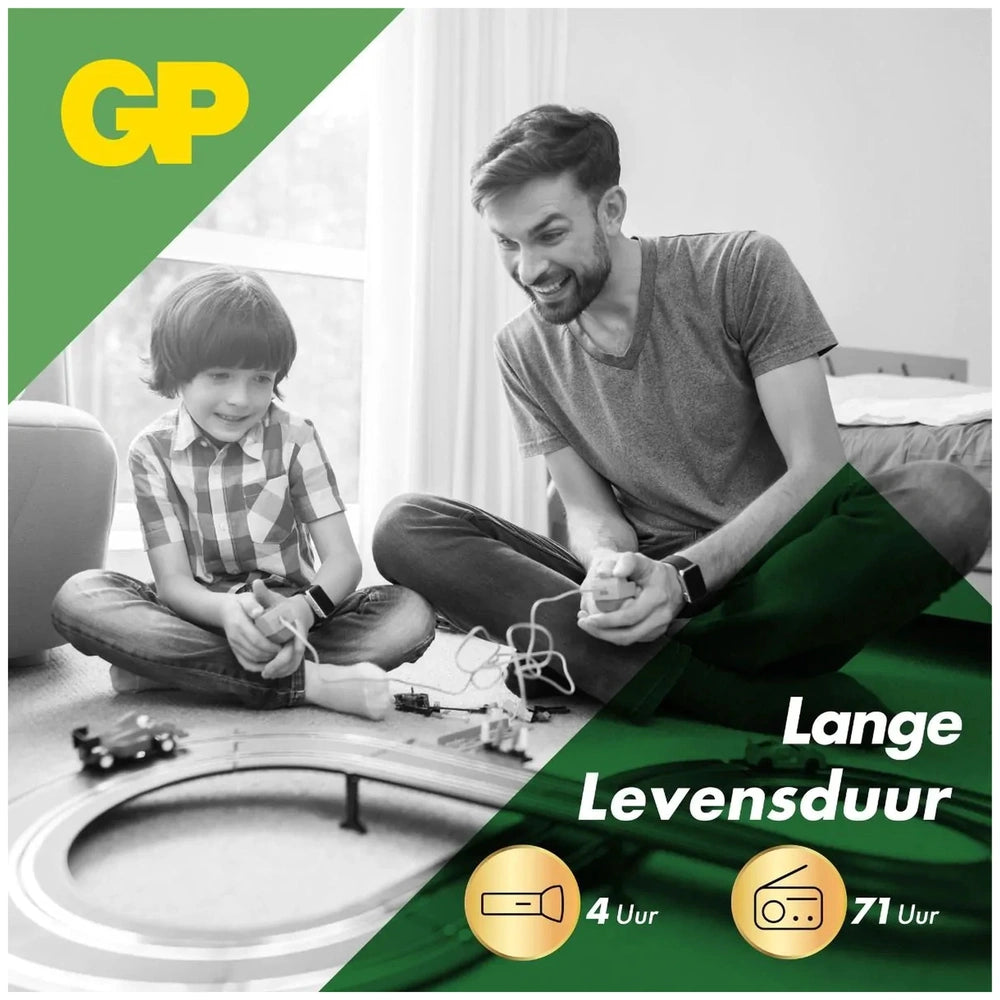 Father and son playing with a slot car track. GP logo and "Lange Levensduur" text with icons display battery life.