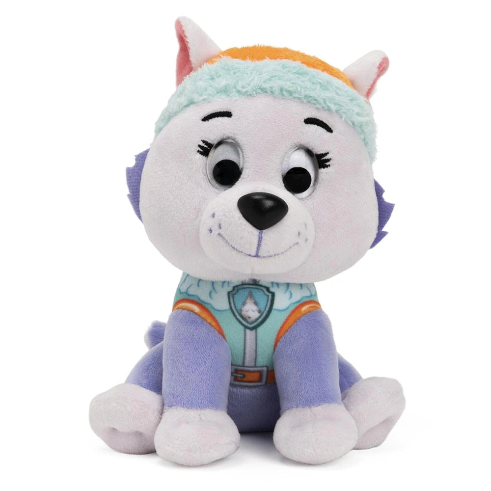 GUND PAW Patrol plush toy features a white body, blue head, smiling face, and wears a blue and white outfit with a badge.