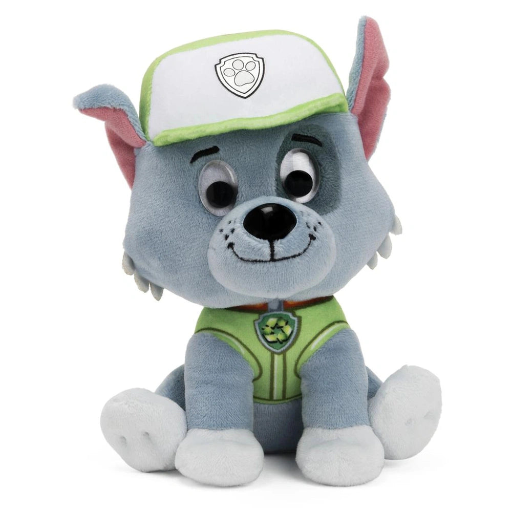 GUND PAW Patrol plush toy features a blue character with a green cap and vest, smiling with vibrant colors on a white backgro