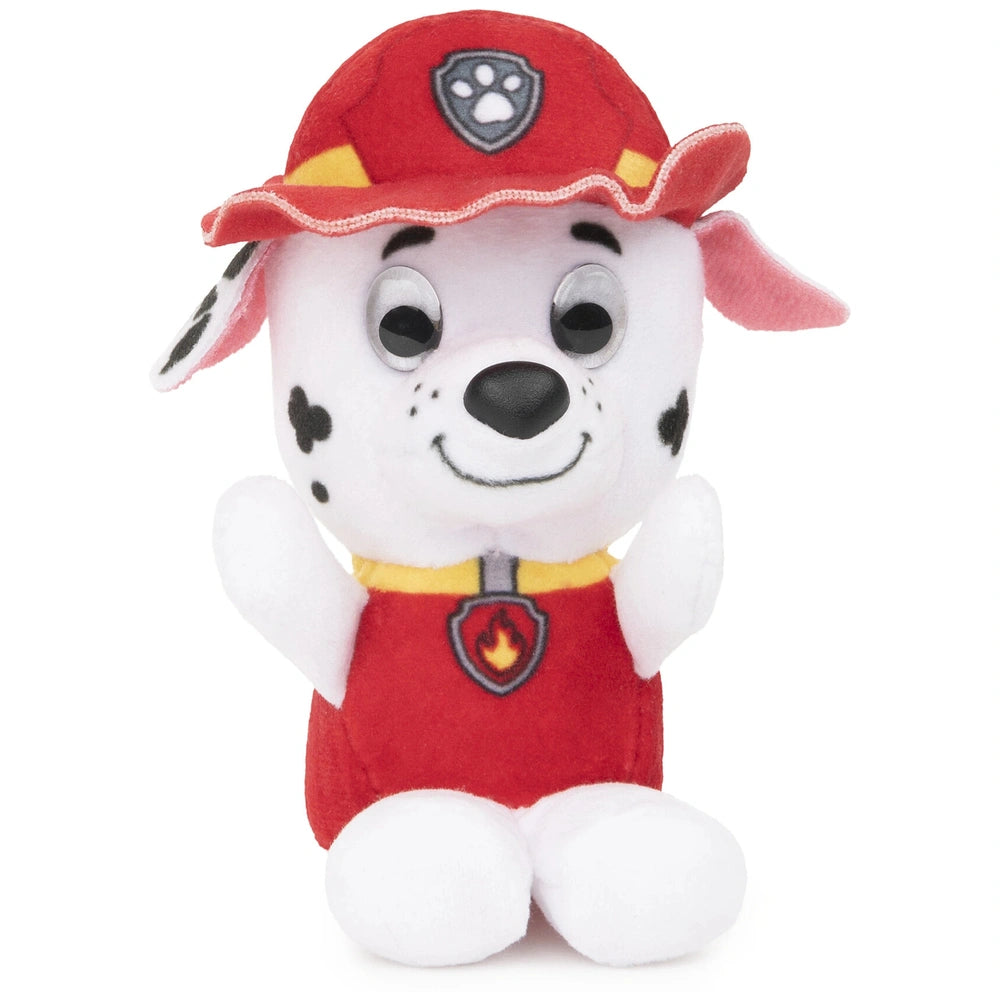 GUND PAW Patrol plush toy features a smiling character in a red cap and outfit, made of soft plush fabric.
